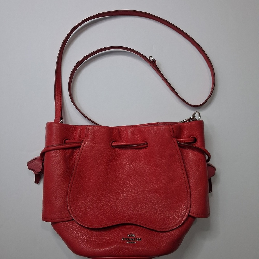 COACH F57543 Petal Pebbled Red Leather Bucket Drawstring Bag Floral Accent